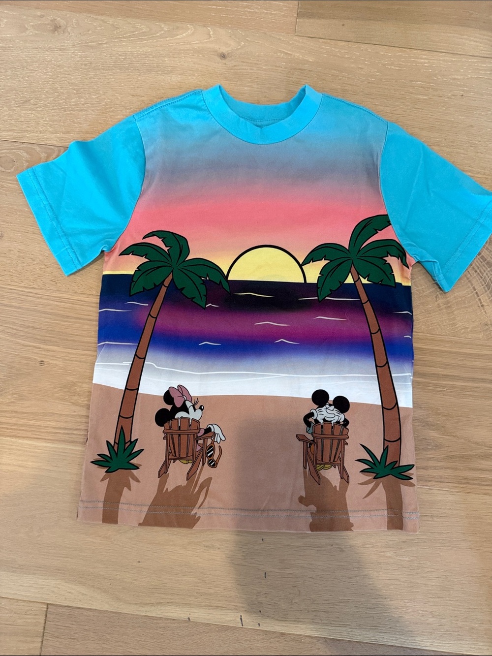 NWOT Disney Turquoise Tropical Sunset Mickey & Minnie Kids Short Sl T size 7-8